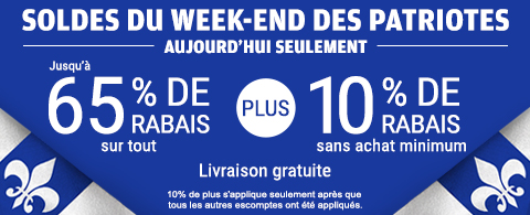 Jusqu'à 65% de rabais sur tout + 10% de rabais sur les toiles à rouleau et stores cellulaires
