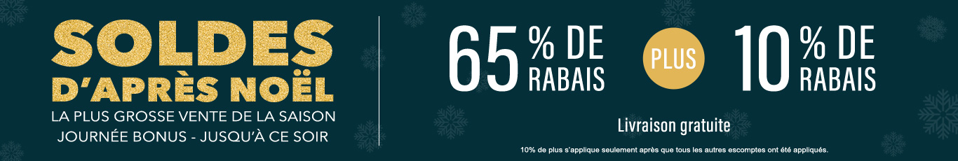 65% de rabais sur tout + 10% de rabais