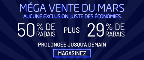 50% de rabais sur tout + 29% de rabais