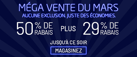 50% de rabais sur tout + 29% de rabais