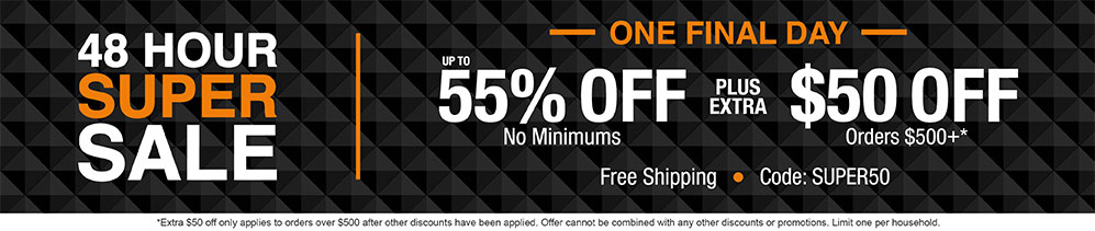 Up to 55% off no minimums plus extra $50 off orders $500+